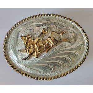 Vintage Western Etched Mexican J G Alpaca Fina Silver & Brass Belt Buckle Bull